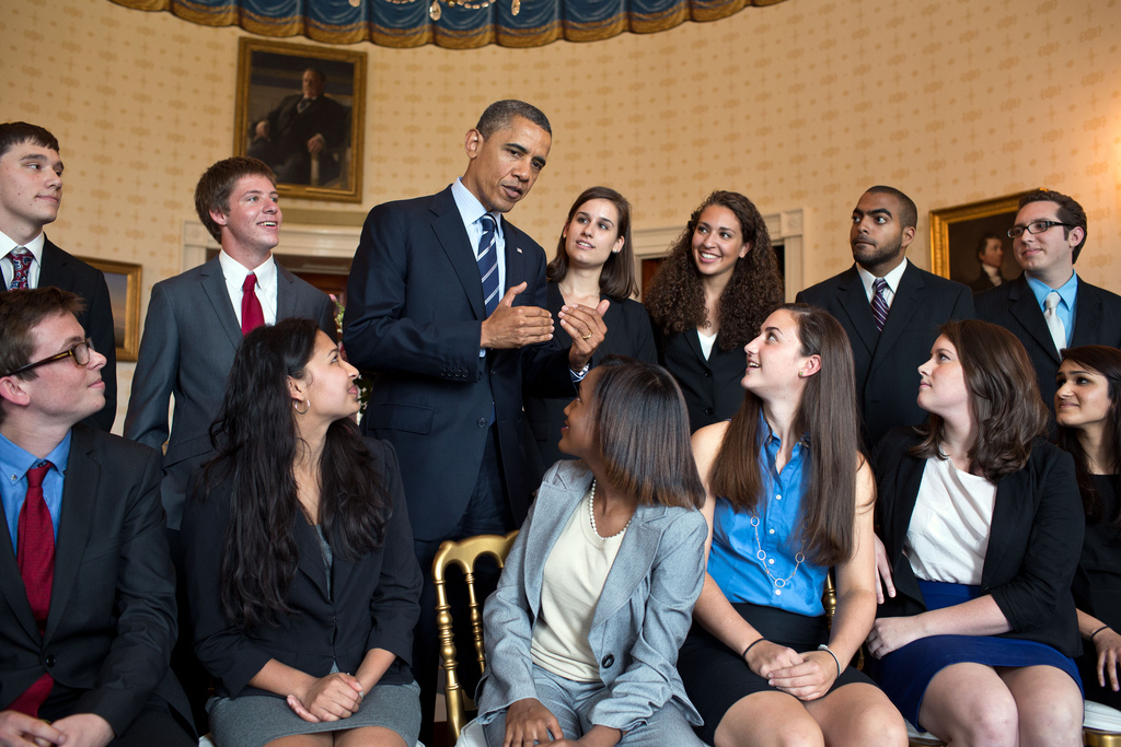 President Obama - student loan rates President Barack Obama greets students in the Blue Room of the White House before delivering a statement on college affordability and interest rates on student loans, June 21, 2012. (Official White House Photo by Pete Souza)