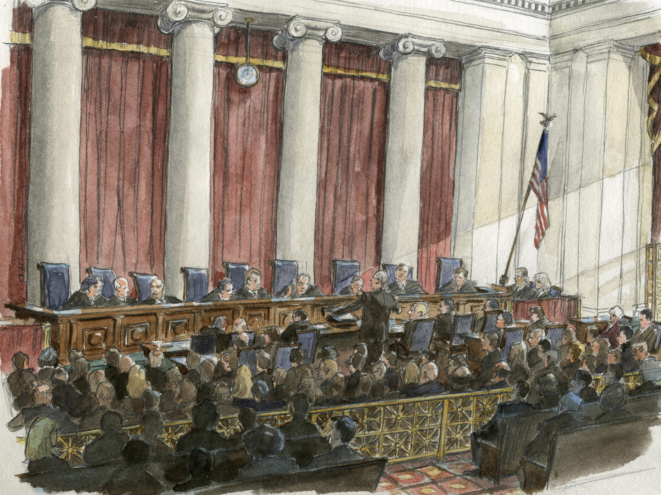 An artist's sketch of the scene during a U.S. Supreme Court hearing earlier this year. Art Lien /Reuters / Landov An artist's sketch of the scene during a U.S. Supreme Court hearing earlier this year. Art Lien /Reuters / Landov