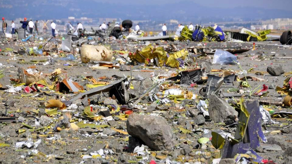 Debris left behind by the crash-landing of Asiana Flight 214, released by the NTSB this week. Police officials say a teenager who died at the airport was hit by a fire truck on the runway; she had been covered by firefighters' foam. NTSB Debris left behind by the crash-landing of Asiana Flight 214, released by the NTSB this week. Police officials say a teenager who died at the airport was hit by a fire truck on the runway; she had been covered by firefighters' foam. NTSB