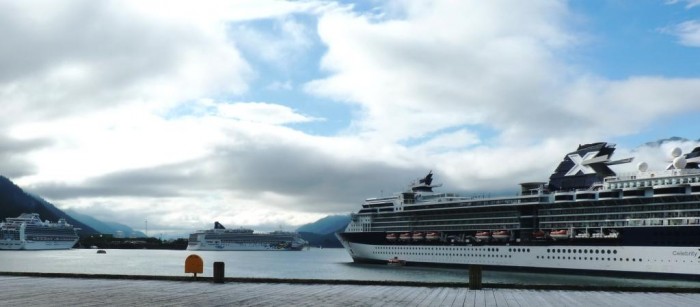 7-23-13 Three cruise ships tie up in Juneau's Gastineau Channel on Tuesday.