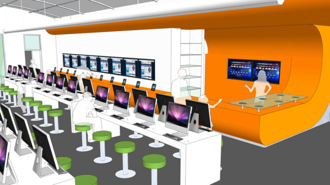 An artist's rendering shows computer stations at the new BiblioTech bookless public library in Bexar County, Texas. The library is holding its grand opening Saturday. Courtesy of Bexar County An artist's rendering shows computer stations at the new BiblioTech bookless public library in Bexar County, Texas. The library is holding its grand opening Saturday. Courtesy of Bexar County