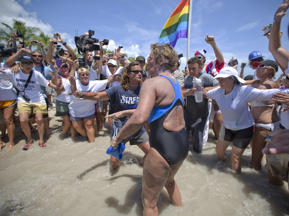 United States endurance swimmer Diana Nyad is greeted by a crowd as she walks on to the Key West, Fla., shore today. J Pat Carter/AP United States endurance swimmer Diana Nyad is greeted by a crowd as she walks on to the Key West, Fla., shore today. J Pat Carter/AP