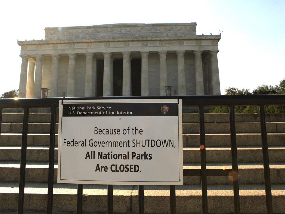 The Lincoln Memorial is officially closed. National parks and monuments are among the parts of the federal government affected by the shutdown. Dennis Brack /Landov The Lincoln Memorial is officially closed. National parks and monuments are among the parts of the federal government affected by the shutdown. Dennis Brack /Landov