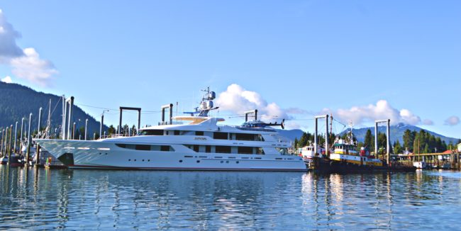 Petersburg-yacht A visiting yacht, complete with its own helicopter, tied up in Petersburg’s South Harbor. Photo by Carey Case.