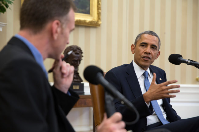 President Obama is interviewed Monday in the Oval Office by Steve Inskeep for NPR's Morning Edition. Pete Souza/The White House President Obama is interviewed Monday in the Oval Office by Steve Inskeep for NPR's Morning Edition. Pete Souza/The White House