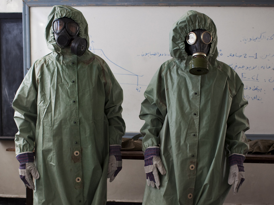 In the northern Syrian city of Aleppo last month, there was a class about how to protect against chemical weapons attacks. J.M. Lopez/AFP/Getty Images In the northern Syrian city of Aleppo last month, there was a class about how to protect against chemical weapons attacks. J.M. Lopez/AFP/Getty Images