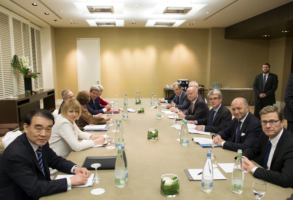 International negotiators, including Secretary of State John Kerry and U.K. Foreign Minister William Hague, in Geneva for talks on Iran's nuclear program. Christophe Bott/AFP/Getty Images International negotiators, including Secretary of State John Kerry and U.K. Foreign Minister William Hague, in Geneva for talks on Iran's nuclear program. Christophe Bott/AFP/Getty Images