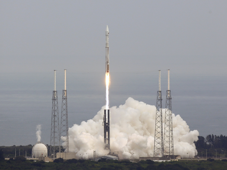 NASA's MAVEN, short for Mars Atmosphere and Volatile Evolution, with a capital "N" in EvolutioN, atop a United Launch Alliance Atlas V rocket, lifts off from Cape Canaveral Air Force Station, on Monday. John Raoux/AP NASA's MAVEN, short for Mars Atmosphere and Volatile Evolution, with a capital "N" in EvolutioN, atop a United Launch Alliance Atlas V rocket, lifts off from Cape Canaveral Air Force Station, on Monday. John Raoux/AP