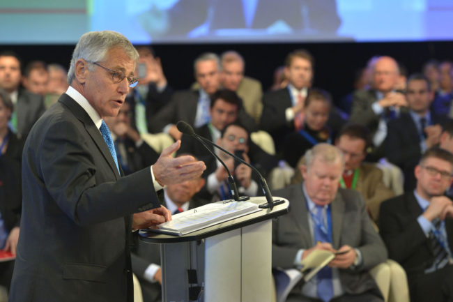 131122-D-NI589-612 U.S. Defense Secretary Chuck Hagel delivers the keynote address at the Halifax International Security Forum in Halifax, Nova Scotia, Nov. 22, 2013. Hagel and his defense counterparts met to discuss key global defense-related matters. DOD photo by Glenn Fawcett