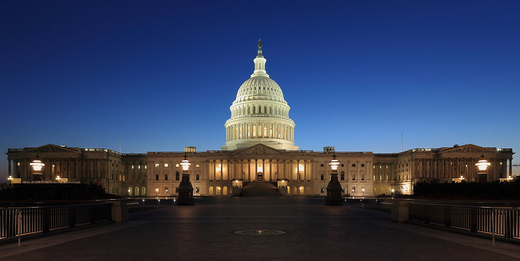 US Capitol at dusk as seen from the eastern side.