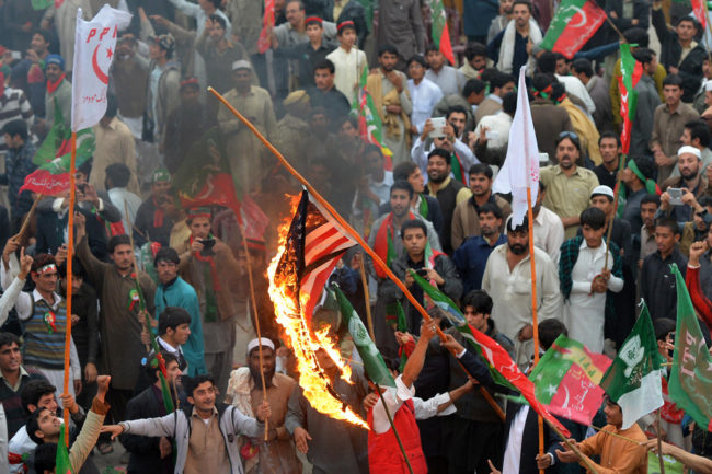 Thousands of Pakistani activists from right-wing political parties protested against U.S. drone strikes on Saturday. A Majeed /AFP/Getty Images Thousands of Pakistani activists from right-wing political parties protested against U.S. drone strikes on Saturday. A Majeed /AFP/Getty Images