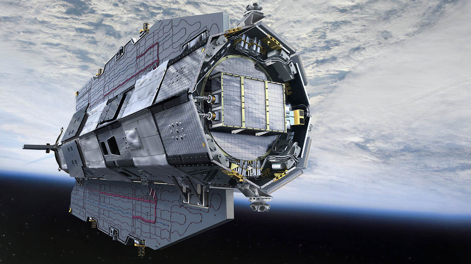 An artist's rendition of the GOCE satellite shows the craft in its orbit around Earth. After four years of studying oceans and gravity fields, GOCE re-entered the atmosphere over the Southern Atlantic Ocean Sunday night. ESA /AOES Medialab An artist's rendition of the GOCE satellite shows the craft in its orbit around Earth. After four years of studying oceans and gravity fields, GOCE re-entered the atmosphere over the Southern Atlantic Ocean Sunday night. ESA /AOES Medialab