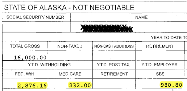 paystub A representative’s office account pay stub shows that over $4,000 automatically went to federal taxes or the representative’s own retirement fund.
