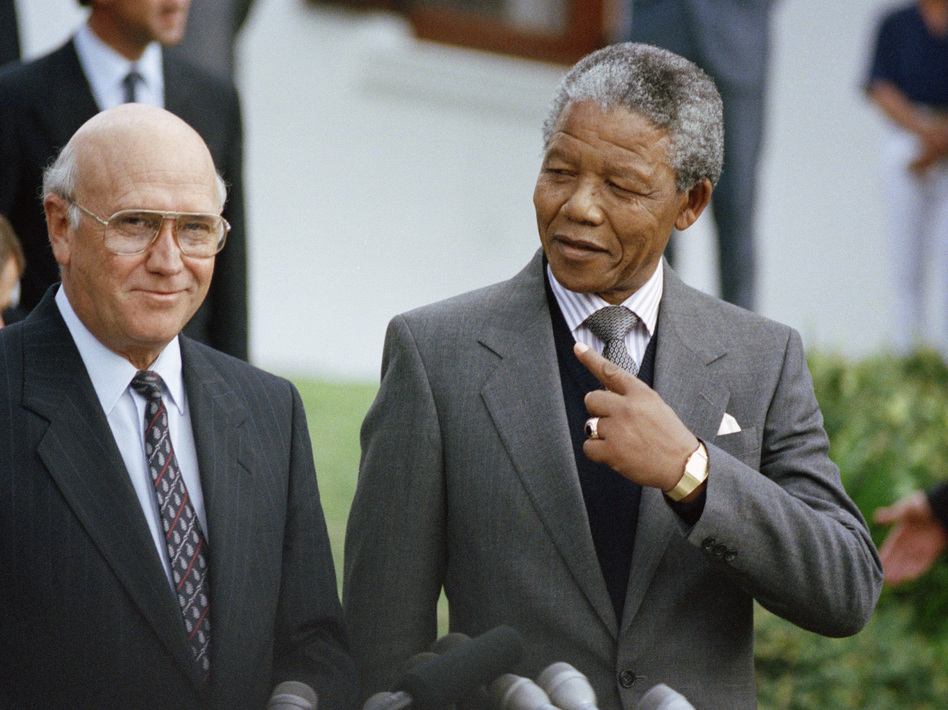 Nelson Mandela with South African President F.W. de Klerk in May 1990. Mandela died Thursday at 95. Denis Farrell/AP Nelson Mandela with South African President F.W. de Klerk in May 1990. Mandela died Thursday at 95. Denis Farrell/AP