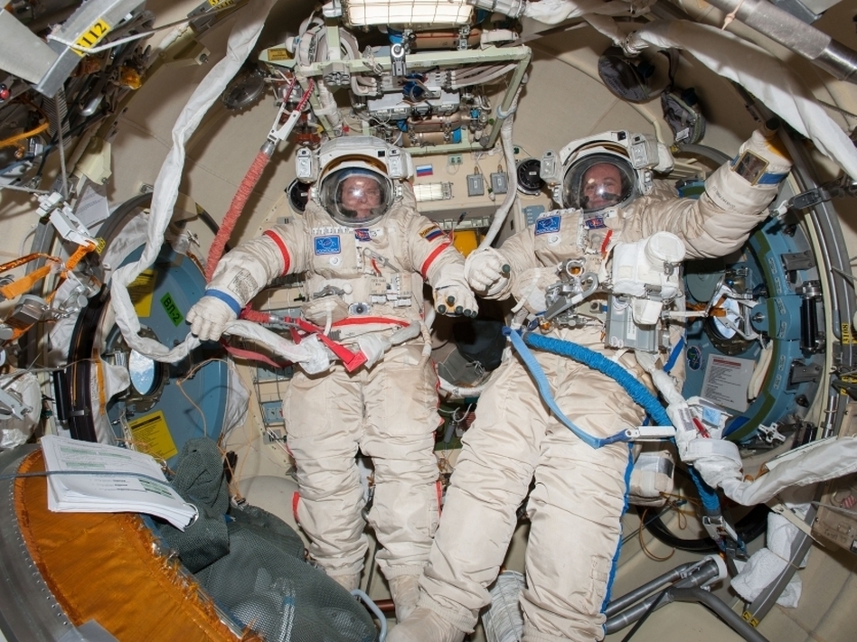 Commander Oleg Kotov (left) and Sergey Ryanzansky, preparing for a spacewalk aboard the ISS on Nov. 9. NASA Commander Oleg Kotov (left) and Sergey Ryanzansky, preparing for a spacewalk aboard the ISS on Nov. 9. NASA