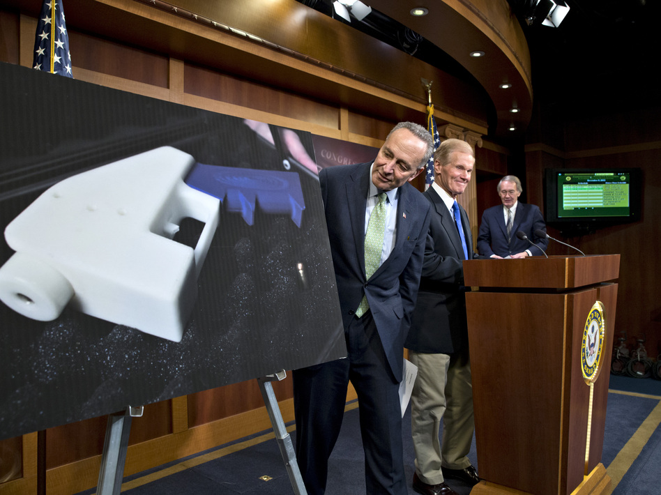 Democratic Sens. Chuck Schumer of New York and Bill Nelson of Florida talk to reporters about their effort to renew the ban on plastic firearms, at the Capitol on Monday. J. Scott Applewhite/AP Democratic Sens. Chuck Schumer of New York and Bill Nelson of Florida talk to reporters about their effort to renew the ban on plastic firearms, at the Capitol on Monday. J. Scott Applewhite/AP