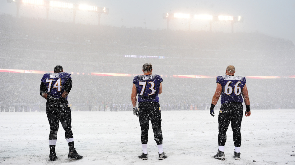 A winter storm is hitting an area from Virginia to New England, snarling traffic and closing schools. On Sunday, heavy snowfall changed the look of an NFL game in Baltimore, Md., where Ravens players stood for the national anthem at 1 p.m. Patrick Smith/Getty Images A winter storm is hitting an area from Virginia to New England, snarling traffic and closing schools. On Sunday, heavy snowfall changed the look of an NFL game in Baltimore, Md., where Ravens players stood for the national anthem at 1 p.m. Patrick Smith/Getty Images