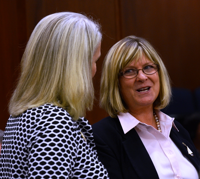 Rep. Cathy Munoz, R-Juneau, and Rep. Beth Kerttula, D-Juneau, talk on the House floor just after she resigned on Monday.