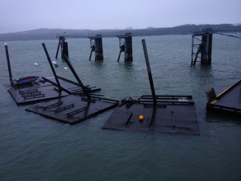 When the steel float dislodged in January, it swung into the timber floats, destroying two sections. The state paid $32,000 to replace them. (Photo courtesy of Pep Scott)