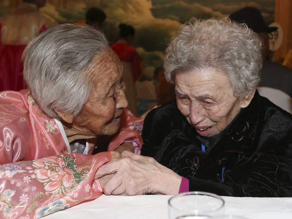 South Korean Lee Young-shil, 87, right, meets with her North Korean sister Lee Jong Shil, 84, during the Separated Family Reunion Meeting at Diamond Mountain resort in North Korea, on Thursday. Lee Ji-eun/AP