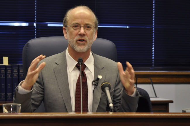 Sen. Hollis French speaks to reporters during a press conference held on Feb. 24, 2014 to announce the introduction of his resolution to allow a constitutional amendment that would remove Alaska’s constitutional ban on same-sex marriage. (Photo by Skip Gray/Gavel Alaska)