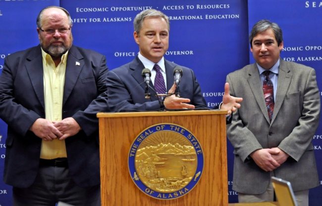 Gov. Sean Parnell explains why he appointed Sam Kito III (right) to the vacant HD 32 seat. Juneau Mayor Merrill Sanford is on Parnell's left. (Photo by Skip Gray/Gavel Alaska.)