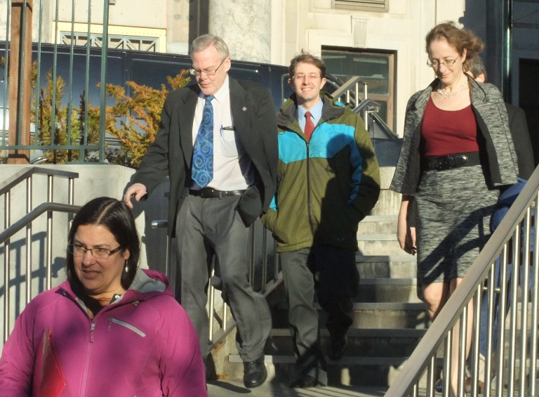 Tongass Democrats' chairman Nancy Courtney & Juneau Sen. Dennis Egan lead nominees Jesse Kiehl, Catherine Reardon & Sam Kito III to Court House Plaza to meet with reporters.