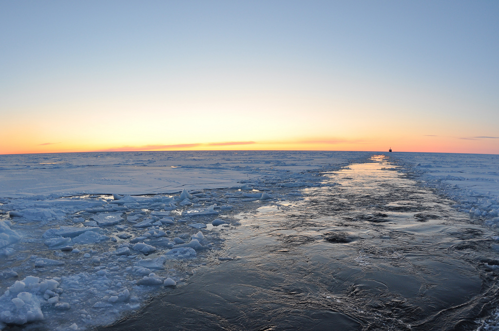 The Canadian Coast Guard Ship Louis S. St-Laurent trails the Coast Guard Cutter Healy as the two ships work their way farther north to research the floor of the Arctic Ocean Sept. 2, 2009. (Photo by Patrick Kelley, U.S. Coast Guard)