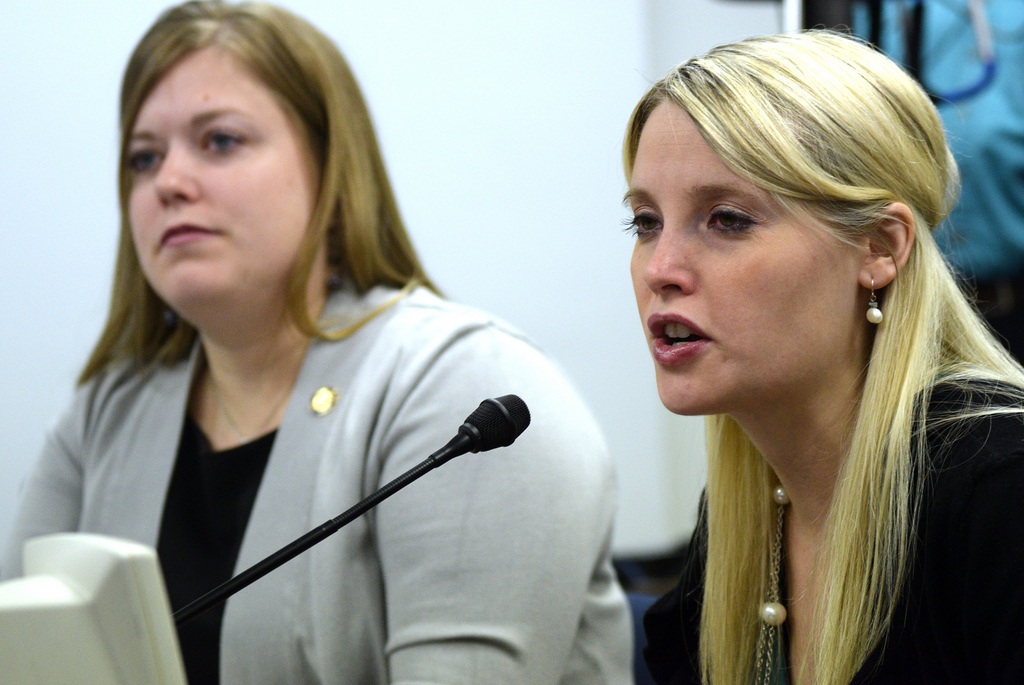 Erin Merryn, a victim of sexual abuse as a child, testified in the House Education Committee on House Bill 233, also known as Erin's Law. Rep. Geran Tarr is the bill sponsor. (Photo by Skip Gray/Gavel Alaska)