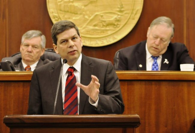 U.S. Sen. Mark Begich spoke to Alaska legislators Monday. Senate President Charlie Huggins is left. House Speaker Mike Chenault is on the right. (Photo by Skip Gray/Gavel Alaska)