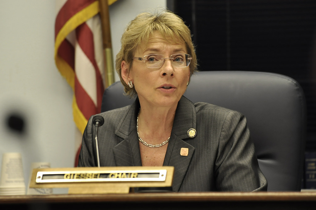 Sen. Cathy Giessel participates in a discussion in a Senate Resources Committee meeting, Feb. 5, 2014. (Photo by Skip Gray/Gavel Alaska)