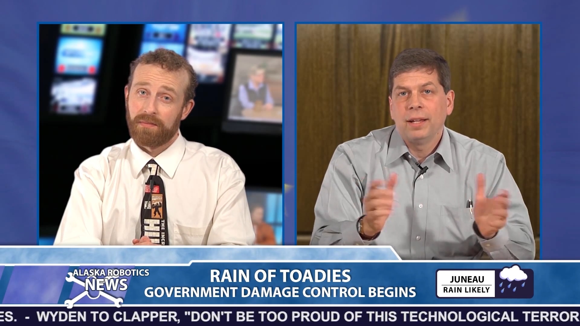 U.S. Sen. Mark Begich is Alaska Robotics' highest profile guest to appear on their satirical news show. (Screen capture courtesy Alaska Robotics)