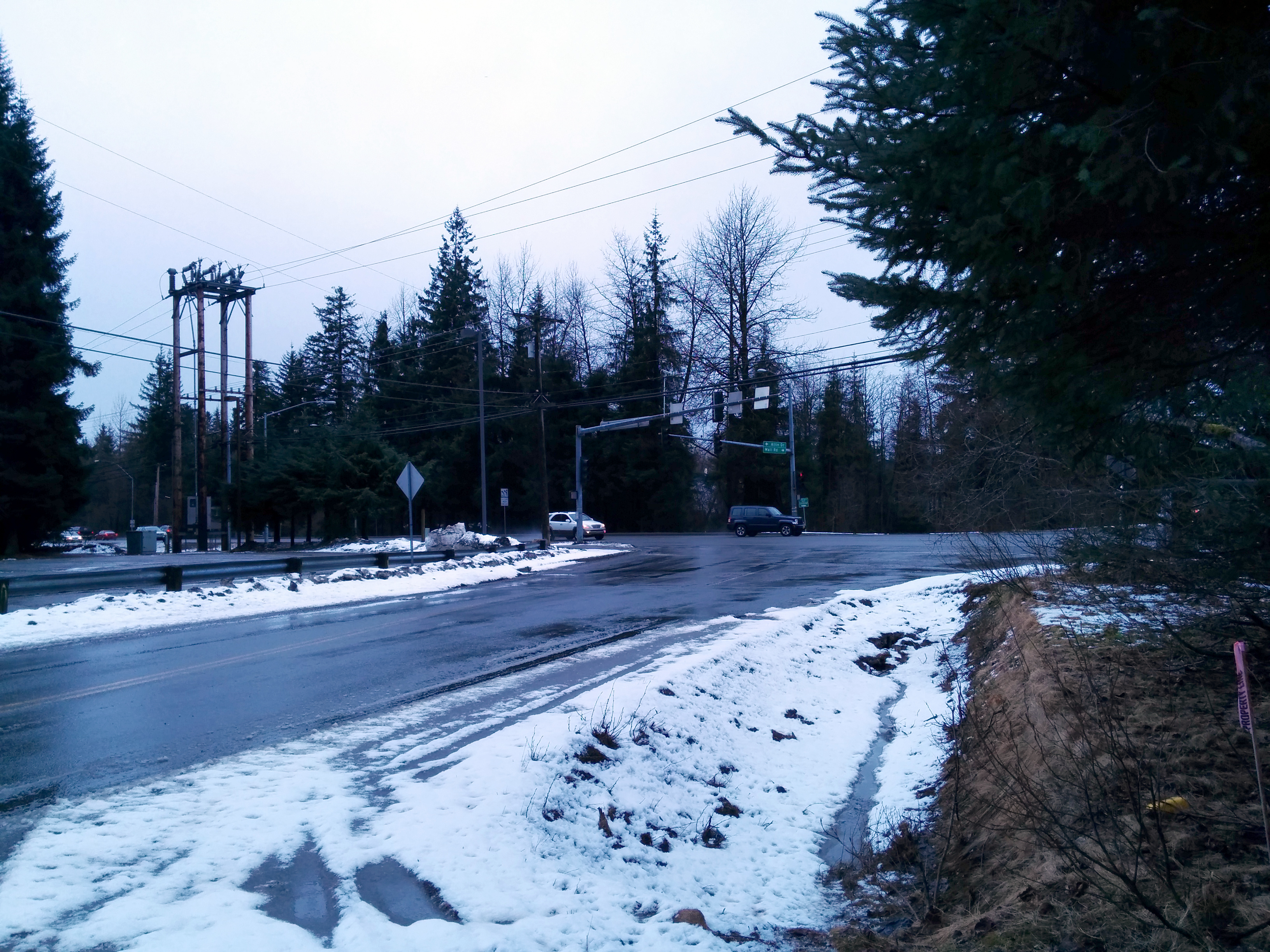 The view of the Mendenhall Loop and Atlin Drive intersection from the property's driveway. (Photo by Heather Bryant/KTOO)