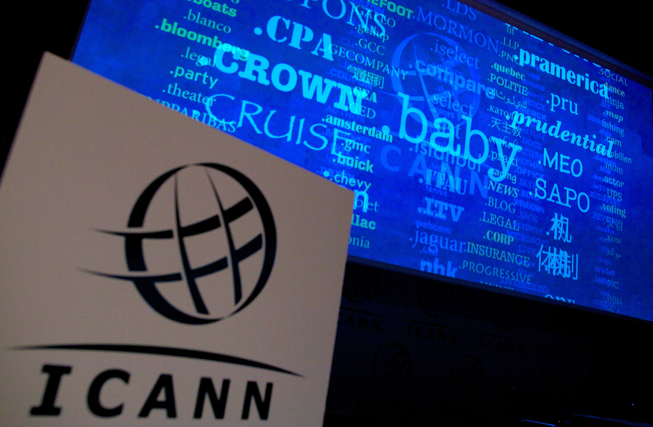 A screen shows a rolling feed of new generic top-Level domain names (gTLDs) that have been applied for. Andrew Cowie/AFP/Getty Images