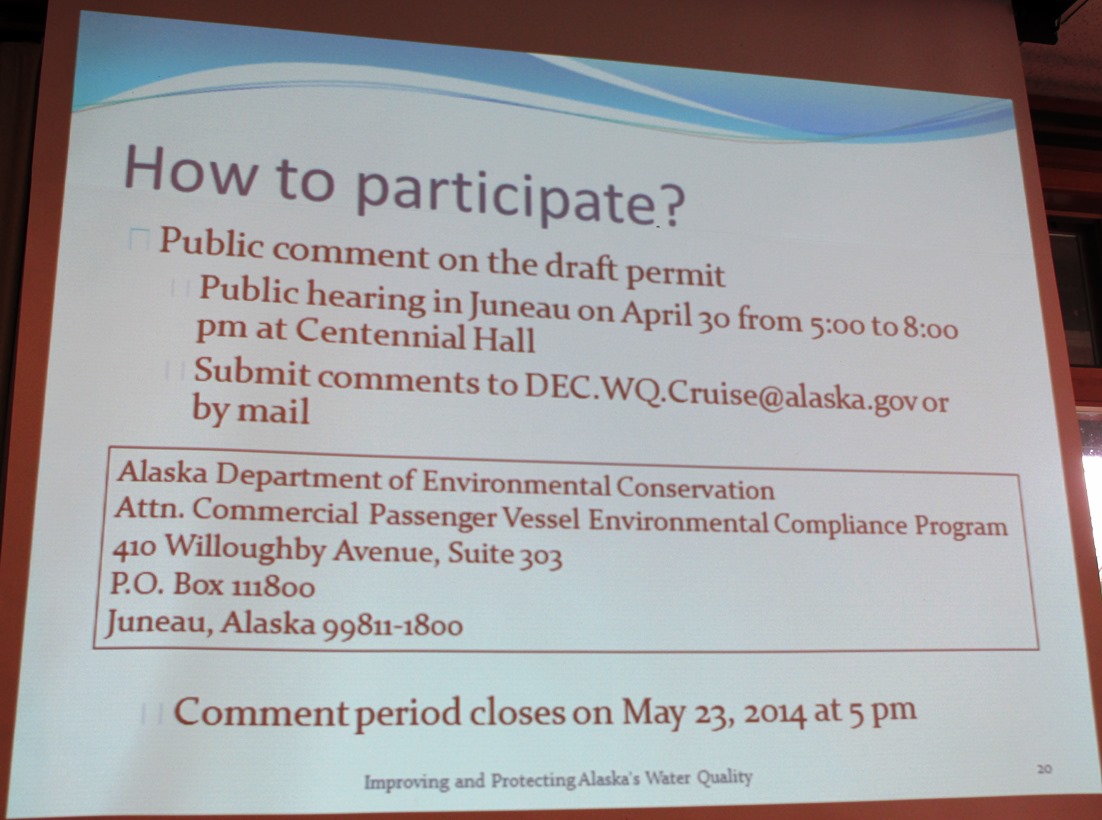 A slide from Michelle Hale’s presentation shows how the public can comment on the cruise wastewater permit process. (Photo by Leila Kheiry/KRBD)
