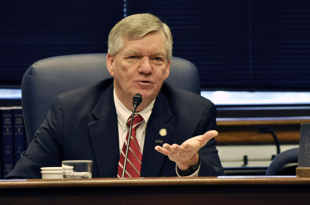 Sen. Charlie Huggins speaks to reporters during a Senate Majority press availability, March, 4, 2014. (Photo by Skip Gray/Gavel Alaska)