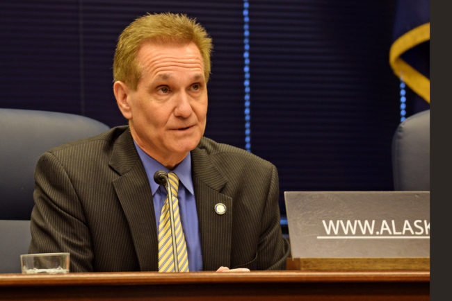 Sen. Kevin Meyer talks to reporters at a Senate Majority press availability, March 25, 2014. (Photo by Skip Gray/Gavel Alaska)