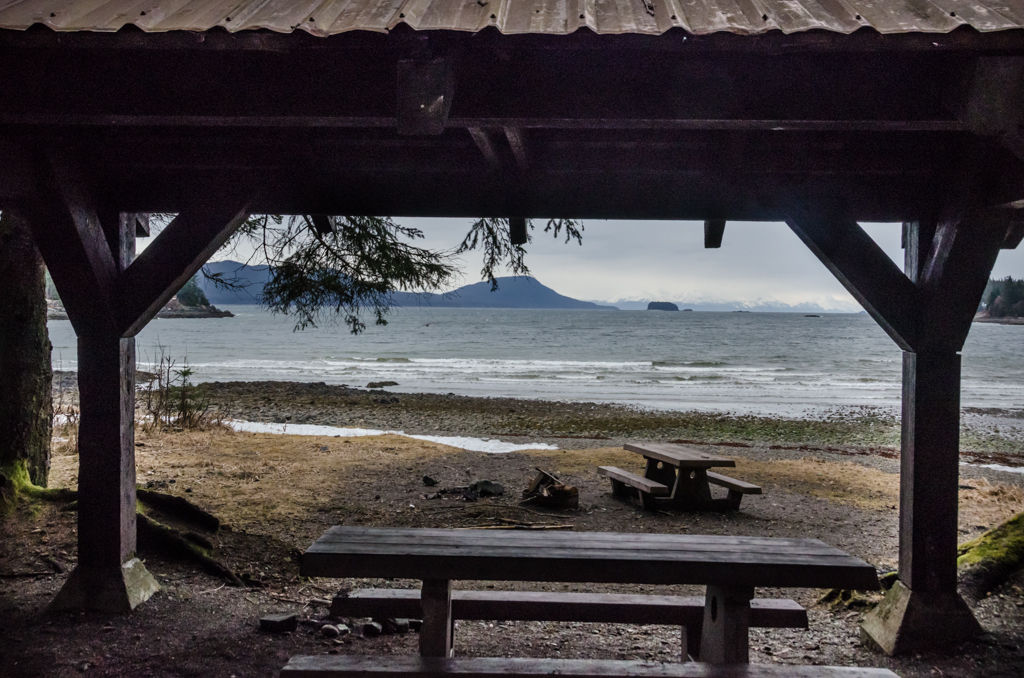 The site has a number of shelters with vandalized posts and damaged roofs. (Photo by Heather Bryant/KTOO)