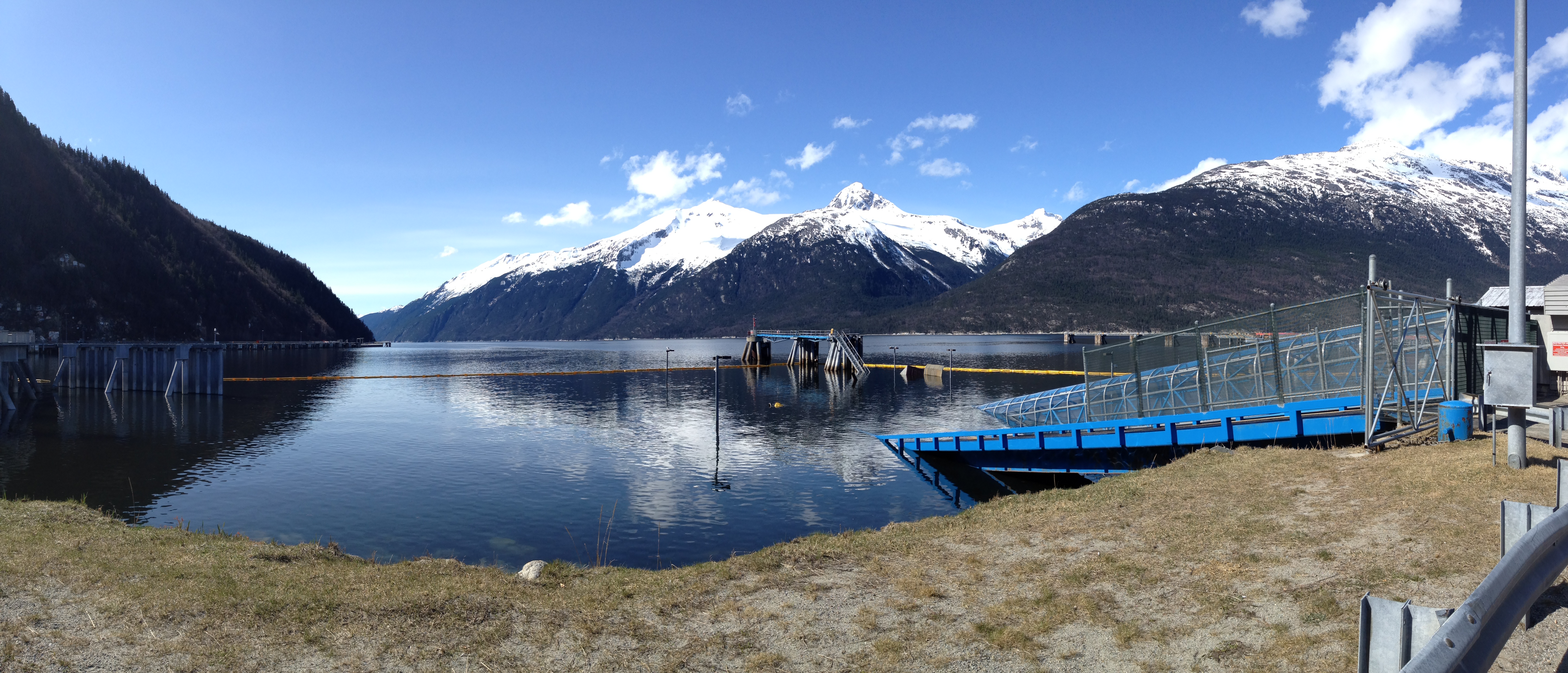 Clear weather reveals the full extent of the submerged Skagway ferry terminal dock. (Photo by Doug Smith/KHNS)
