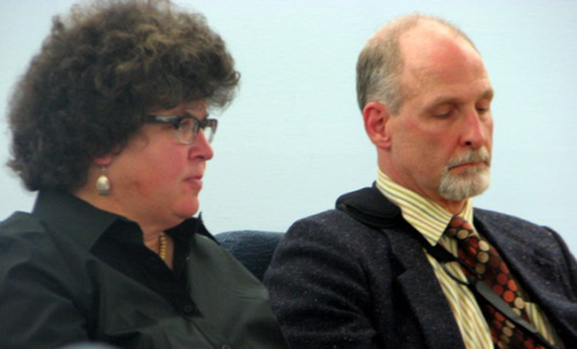 Joe Robidou (r.) listens to jury instructions with his attorney, Julie Willoughby, in court last week. (Photo by Robert Woolsey/KCAW)