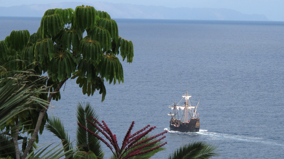 A 2011 photo shows a replica of Christopher Columbus' flagship, the Santa Maria, off the Portuguese island of Madeira. The location of the Santa Maria has been a mystery; an explorer says he might have found it. Eric Risberg/AP