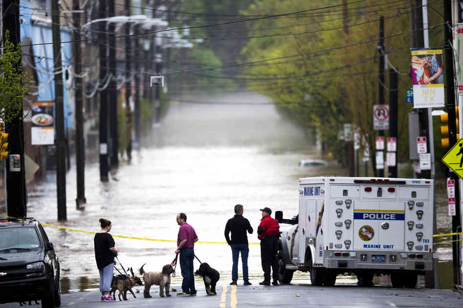 People gathered Thursday to view floodwaters from the Schuylkill River in Philadelphia. Much of the East and parts of the South have been hit by torrential rains. Florida's Panhandle and southern Alabama, for example, got about 2 feet of rain in 24 hours. Matt Rourke/AP