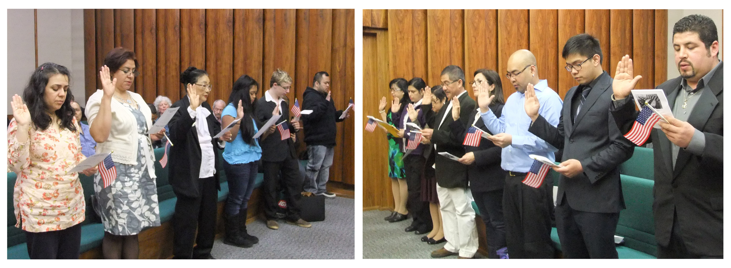 Juneau residents from other countries take the Oath of Allegiance to the U.S. to become American citizens at a ceremony on May 14, 2014. (Photo composite by Rosemarie Alexander/KTOO)