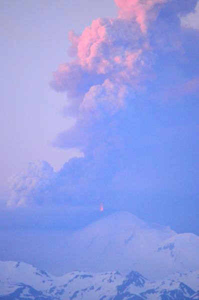 Lava fountains at Pavlof Volcano, as seen from the southwest on June 2. (Photo courtesy Rachel Kremer)