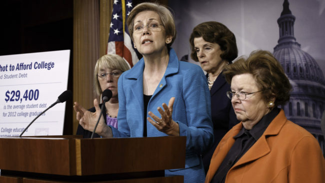 "Who does Washington work for?" asked Sen. Elizabeth Warren, D-Mass., after her bill that would let people refinance student debt was shot down Wednesday. J. Scott Applewhite/AP