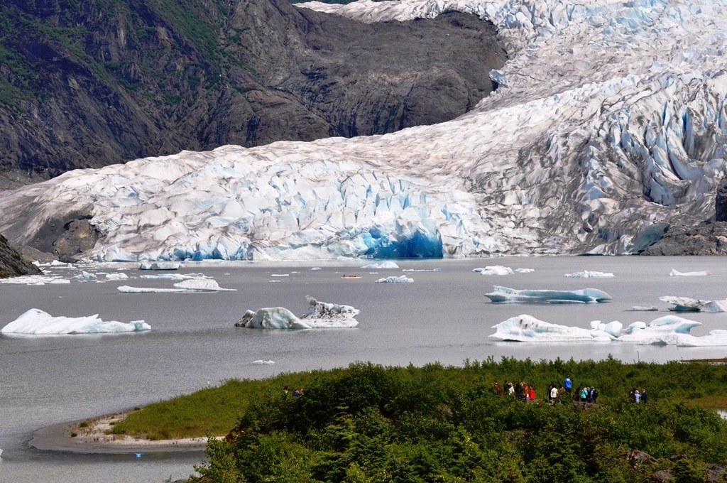 The deep blue ice after a recent calving at Mendenhall Glacier. Kayakers and rafters should stay away from the face of the glacier. (Photo courtesy Laurie Craig, USFS)