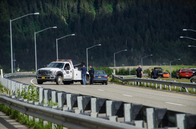 The single car accident yesterday afternoon on Egan drive closed both lanes of traffic on the overpass near Wal-Mart. (Photo by Greg Culley)