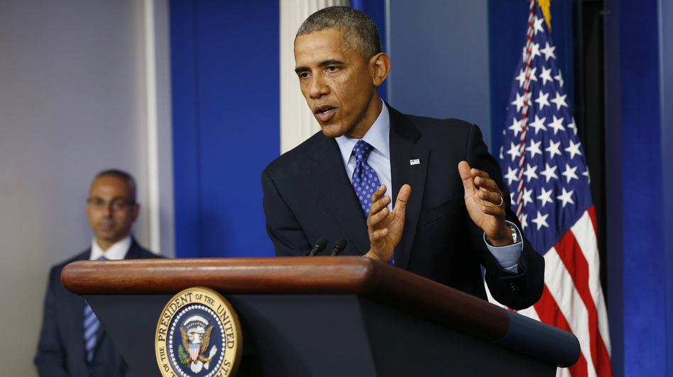 President Obama speaks about Iraq in the Brady Briefing room of the White House Thursday. Obama said the U.S. will send up to 300 military advisers to Iraq — but that U.S. forces won't engage in combat with Islamic State in Iraq and Syria (ISIS) militants. Win McNamee/Getty Images