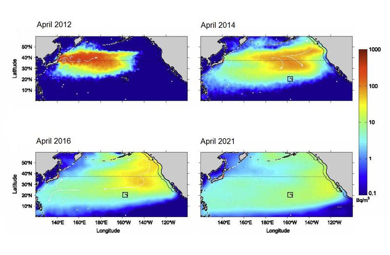 Fukushima seawater radiation plume dispersal model by Rossi et. al. (Chart by Vincent Rossi et. al., Deep-Sea Research journal)