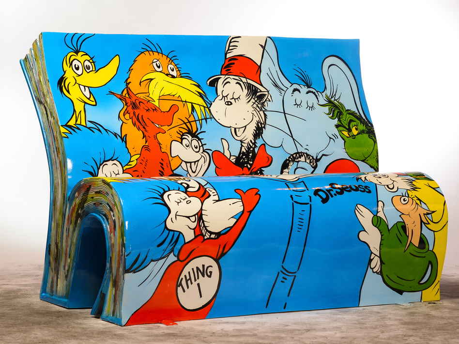 Jane Headford designed this Dr. Seuss bench, which is spending the summer alongside the River Thames Courtesy of The National Literacy Trust